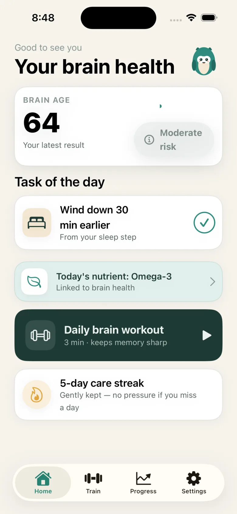 NeuroAge home screen with the brain-age card and the task of the day
