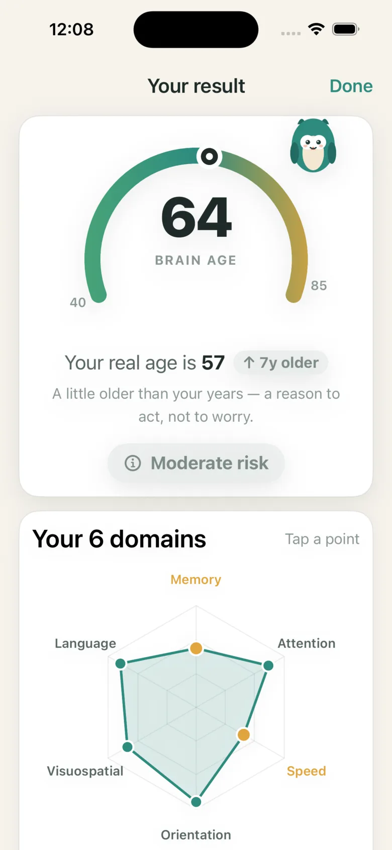 The same NeuroAge result screen in senior mode, with noticeably larger type