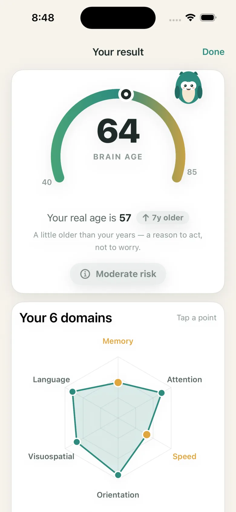 NeuroAge result screen: a brain age of 64 beside a real age of 57, with a calm moderate-risk band